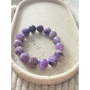 Purple Faceted Bead Stretch Bracelet Marbled Stone Look Pave Rhinestone Bold
